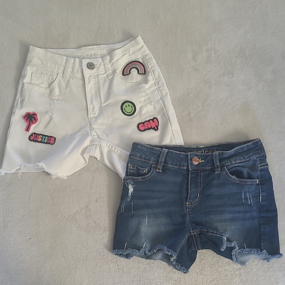 Justice Girls 14 Slim Denim Shorts White Patch Shorts Distressed Raw Hem 2-Pack